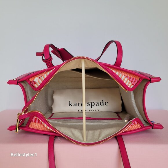 KATE SPADE Market Striped Woven Straw Medium Tote Bag-Wild Raspberry Multi ⭐ - Picture 12 of 16